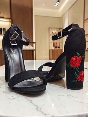 Black Faux Suede Block Heel Sandals With Rose Embroidery & Ankle Strap